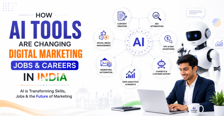 AI tools transforming digital marketing jobs and careers in India with automation, SEO, content creation, and marketing technology illustration.
