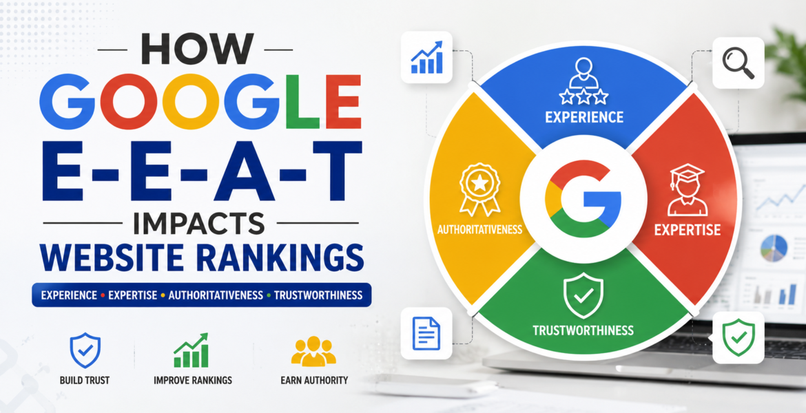 How Google E-E-A-T (Experience, Expertise, Authoritativeness, Trustworthiness) impacts website rankings in SEO with digital marketing infographic