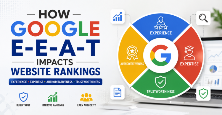 How Google E-E-A-T (Experience, Expertise, Authoritativeness, Trustworthiness) impacts website rankings in SEO with digital marketing infographic