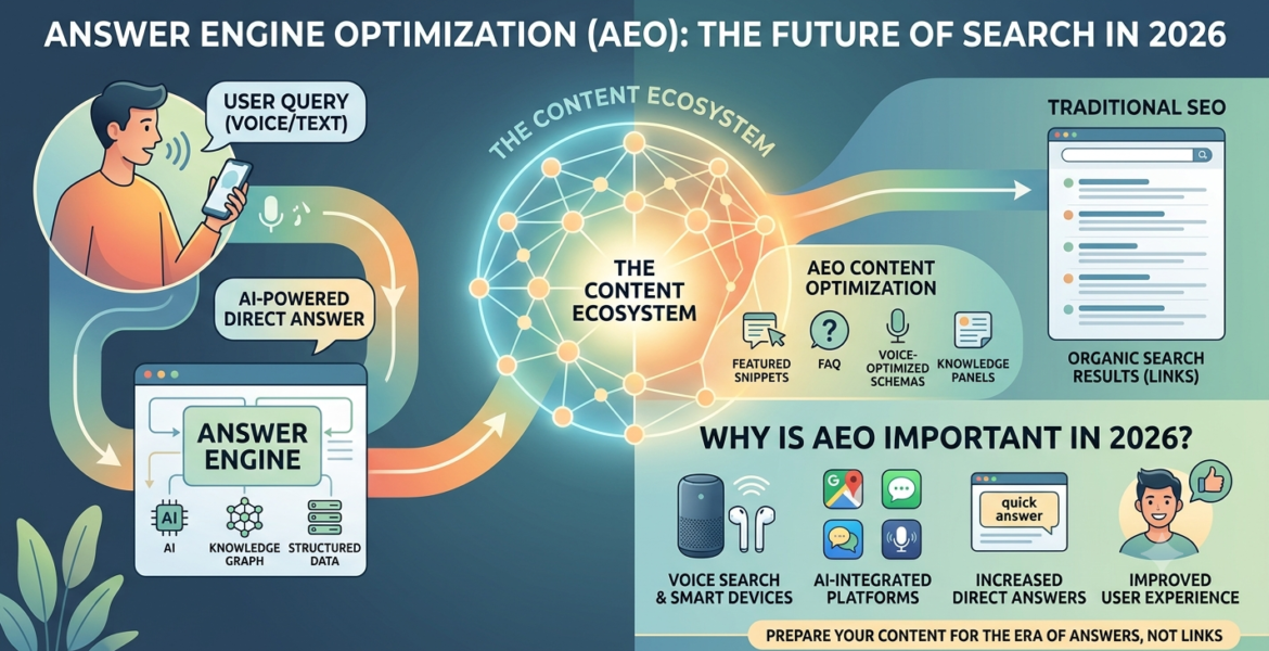 Infographic explaining Answer Engine Optimization (AEO) in 2026, showing how user queries flow into an AI-powered answer engine to deliver direct results via voice and featured snippets.