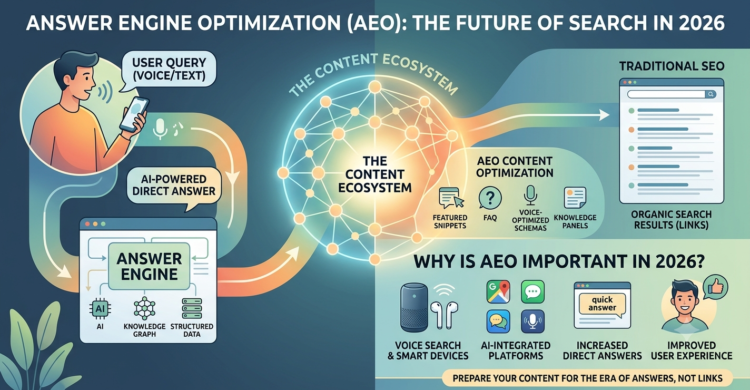 Infographic explaining Answer Engine Optimization (AEO) in 2026, showing how user queries flow into an AI-powered answer engine to deliver direct results via voice and featured snippets.