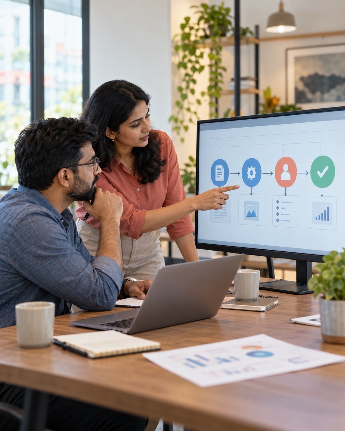 Illustrative business owner and colleague reviewing an AI workflow with a human approval step.