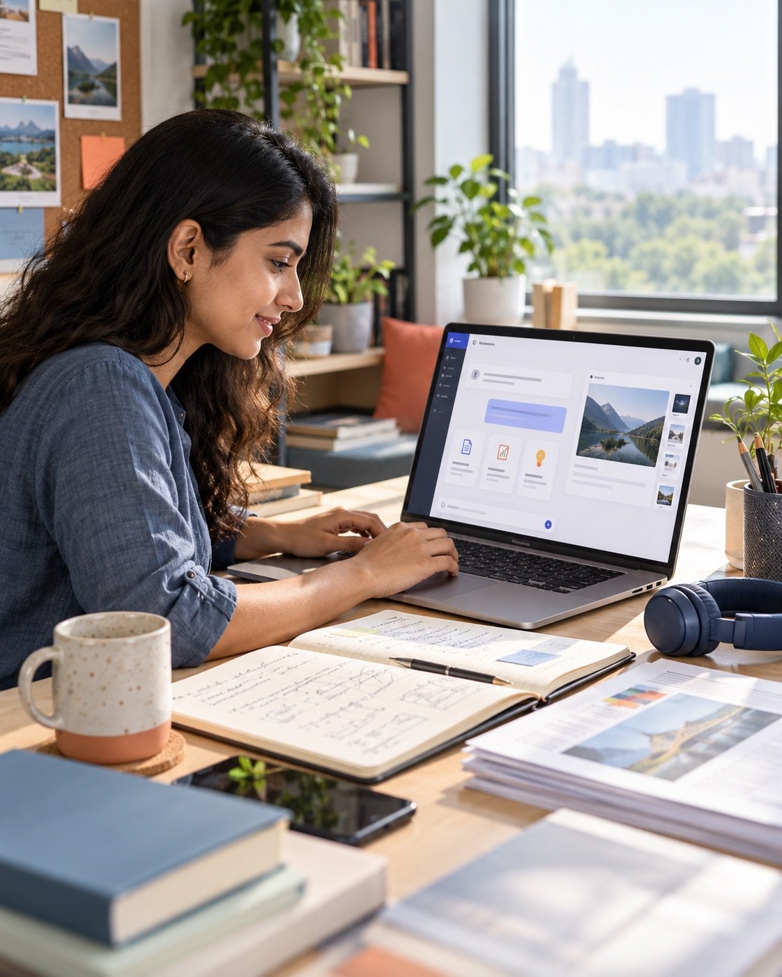 Illustrative learner exploring an AI assistant alongside notes and a presentation.