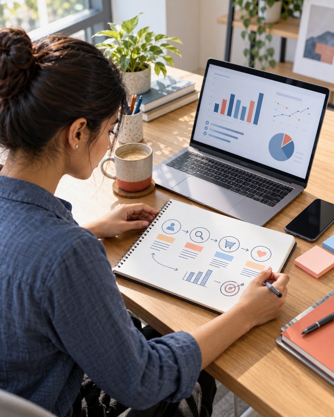 Illustrative marketing professional reviewing a campaign plan and analytics dashboard.