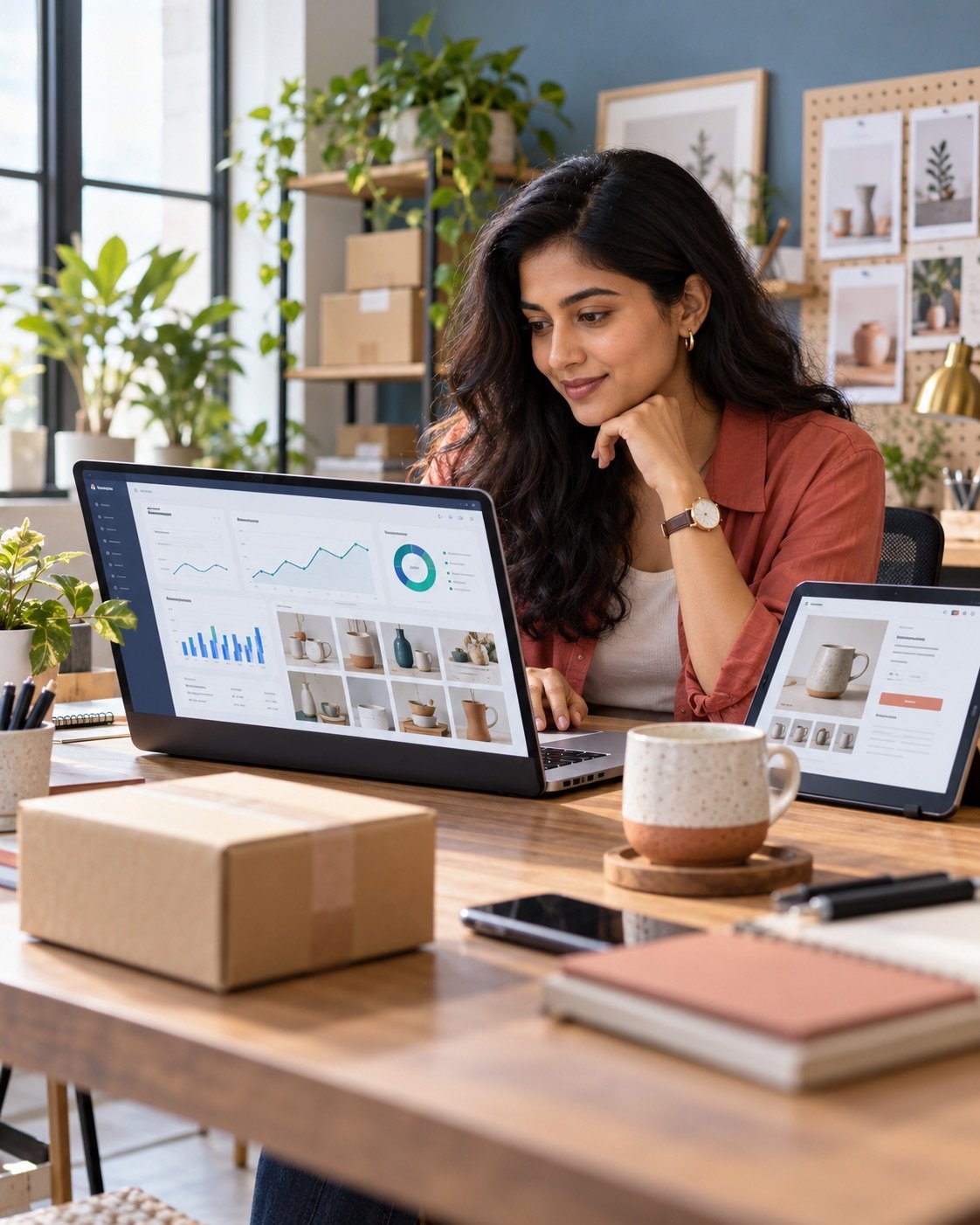 Illustrative ecommerce marketer reviewing advertising results and a product page.