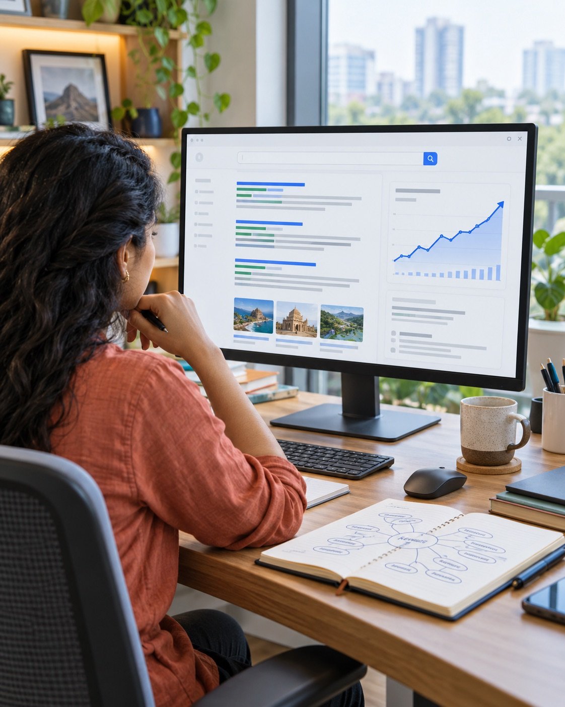 Illustrative search analyst reviewing search results and an organic traffic chart.
