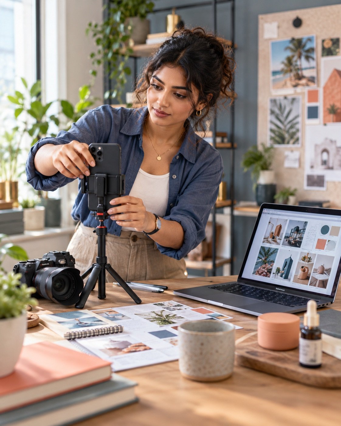 Illustrative content creator preparing a phone and camera for a social media shoot.