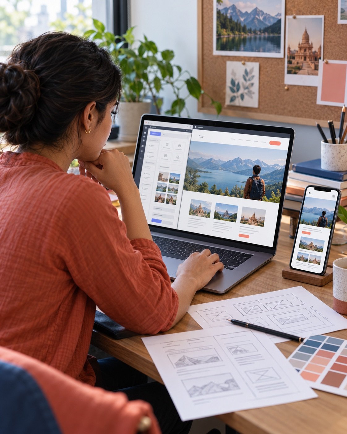 Illustrative website designer using a visual editor and checking a responsive mobile preview.