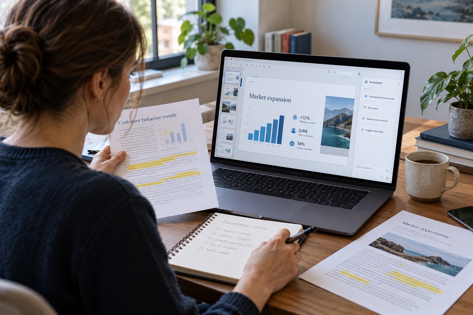 Illustrative AI-assisted presentation being checked against source documents.