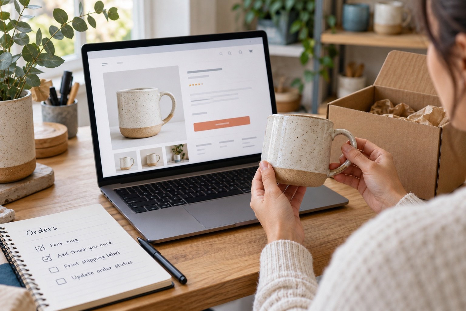 Illustrative ecommerce product page beside a product and shipping materials.