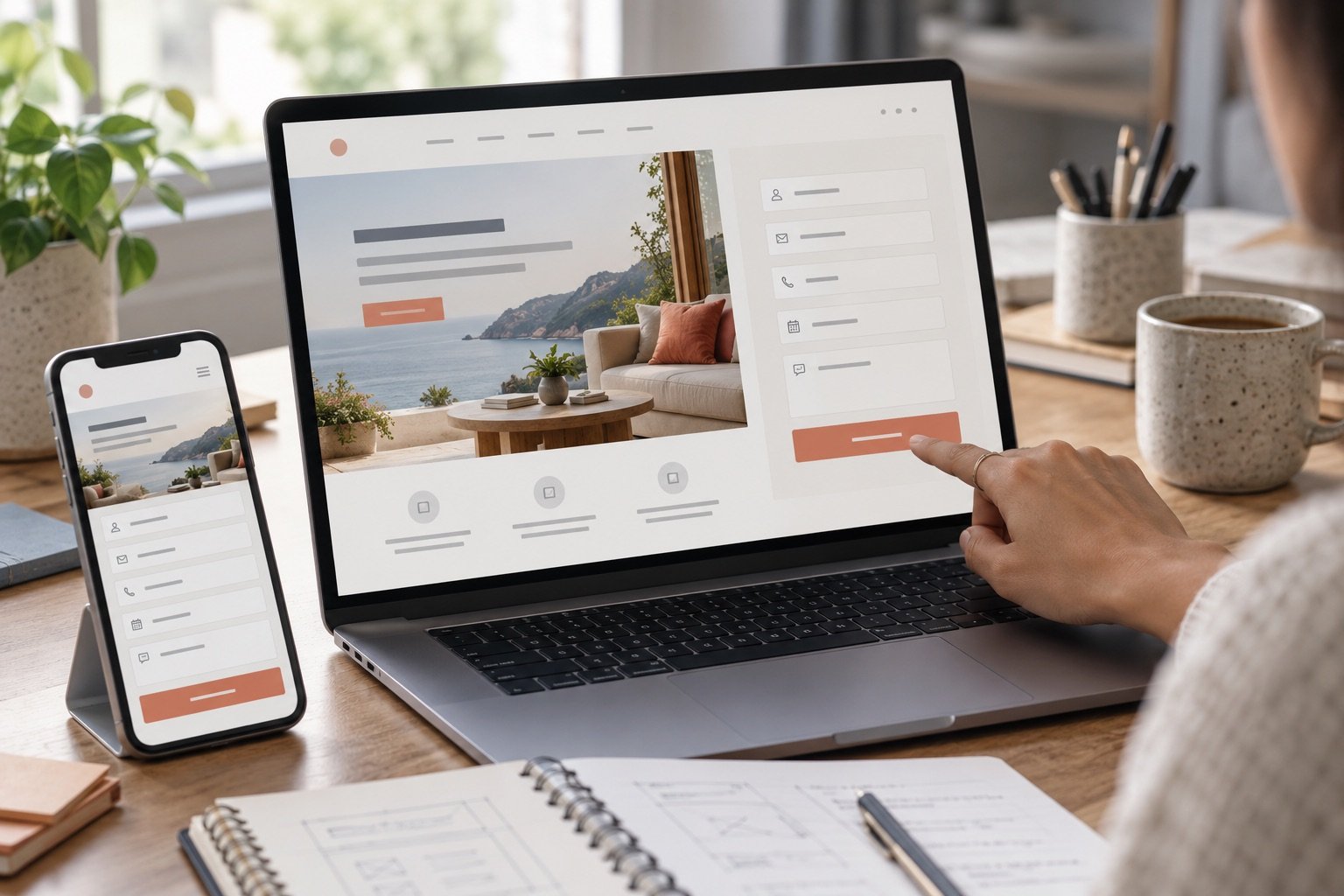 Illustrative landing page and enquiry form checked on laptop and phone.
