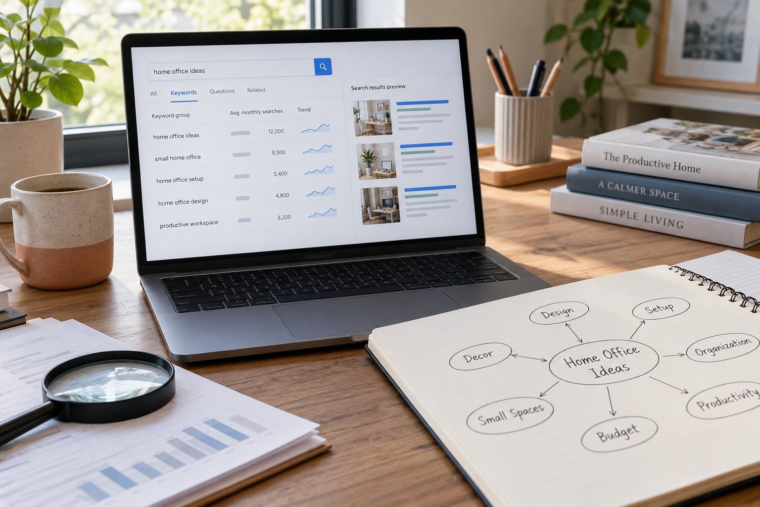 Illustrative keyword research workspace with search trends and a topic map.