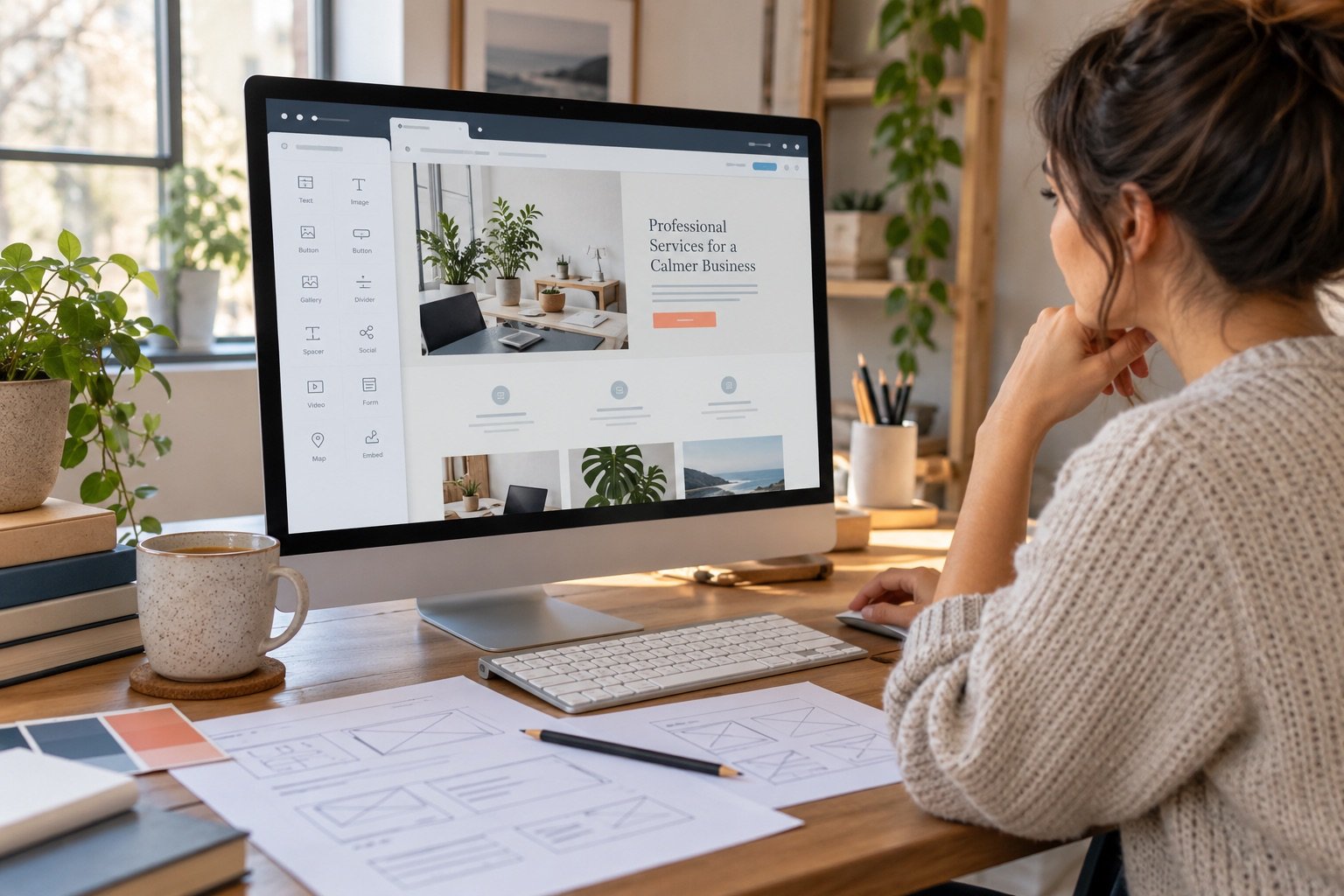Illustrative visual website editor with page blocks and printed wireframes.