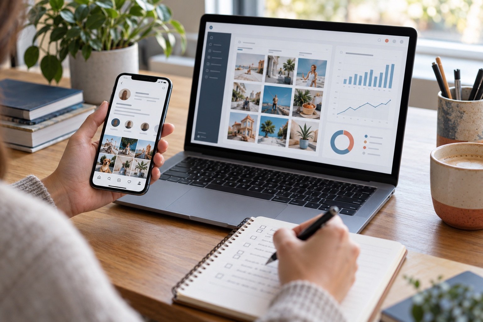Illustrative social account review comparing a profile, posts and engagement charts.