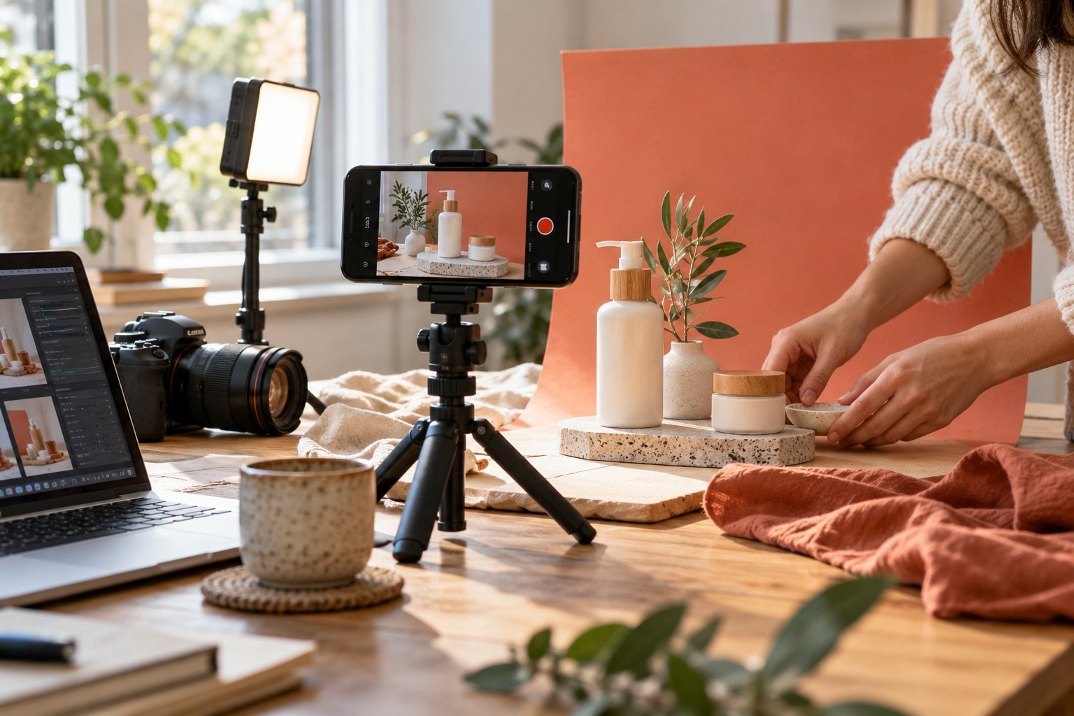 Illustrative product shoot with a smartphone, tripod and lighting for social media content.
