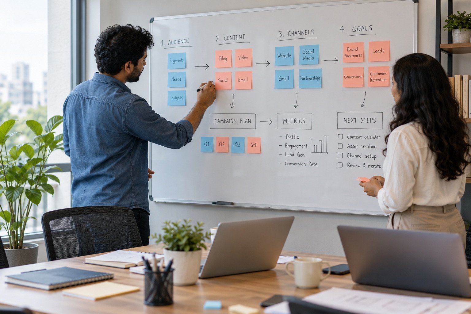 Illustrative campaign planning board connecting audience, content, channels and goals.